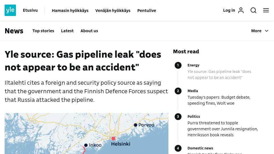 Screenshot of yle.fi: Finnish Government to Make Announcement on Gas Pipeline Leak in Gulf of Finland