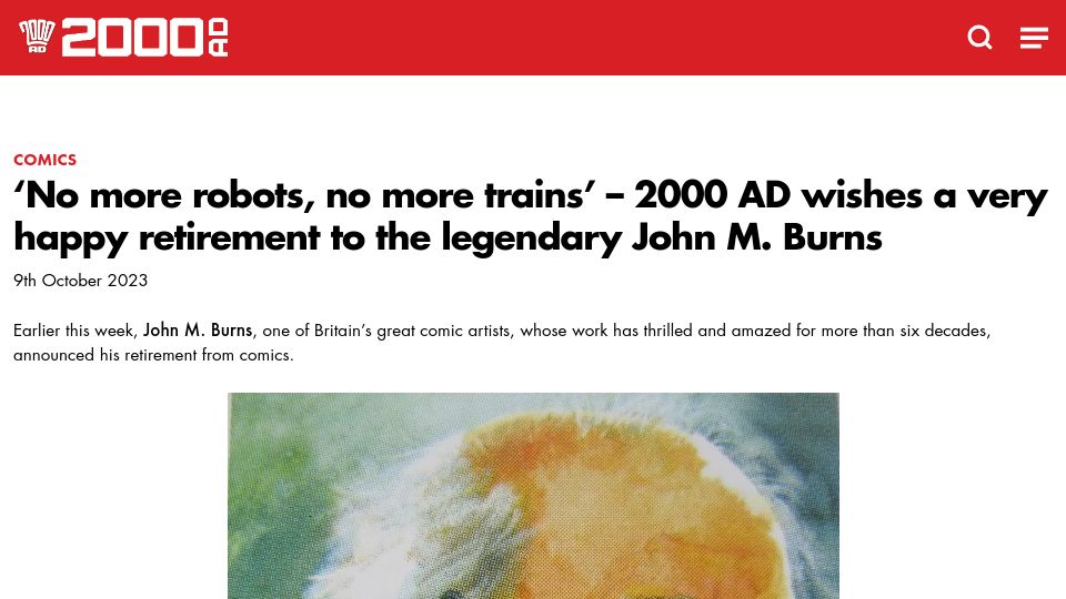 Screenshot of 2000ad.com: 2000Ad announces retirement of John M. Burns