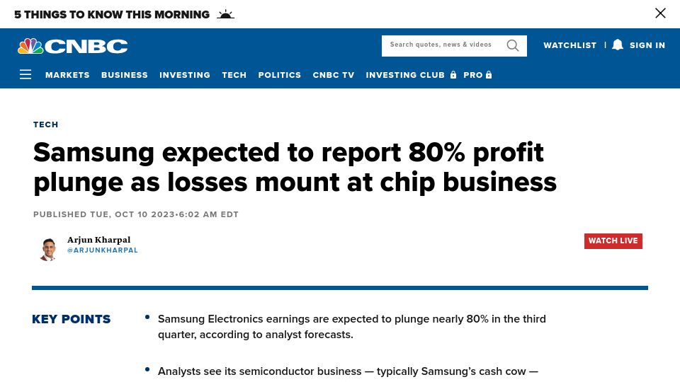 Screenshot of cnbc.com: Samsung expected to report 80% profit plunge as losses mount at chip business