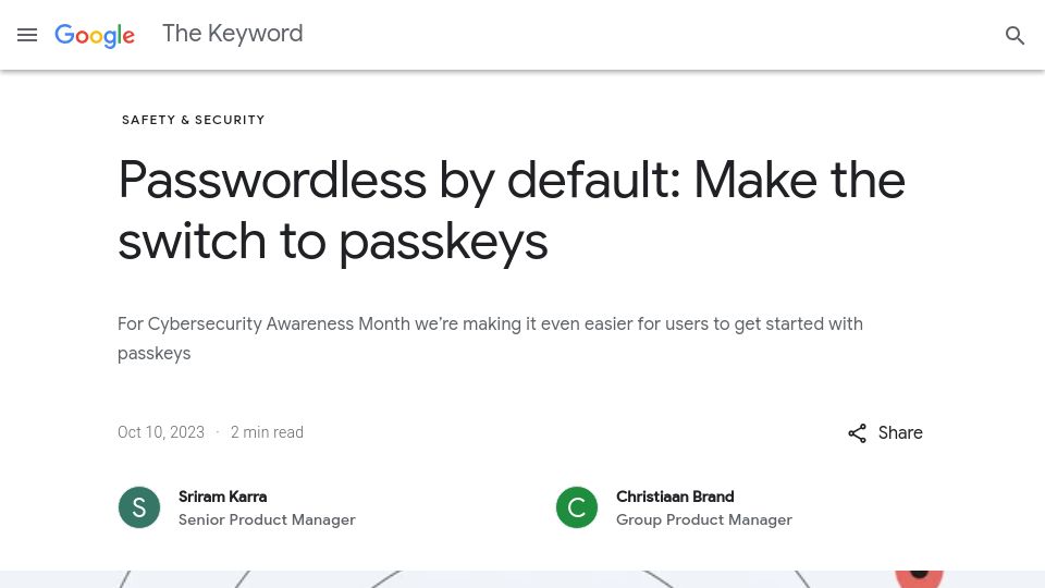 Screenshot of blog.google: Passkeys are now enabled by default for Google users