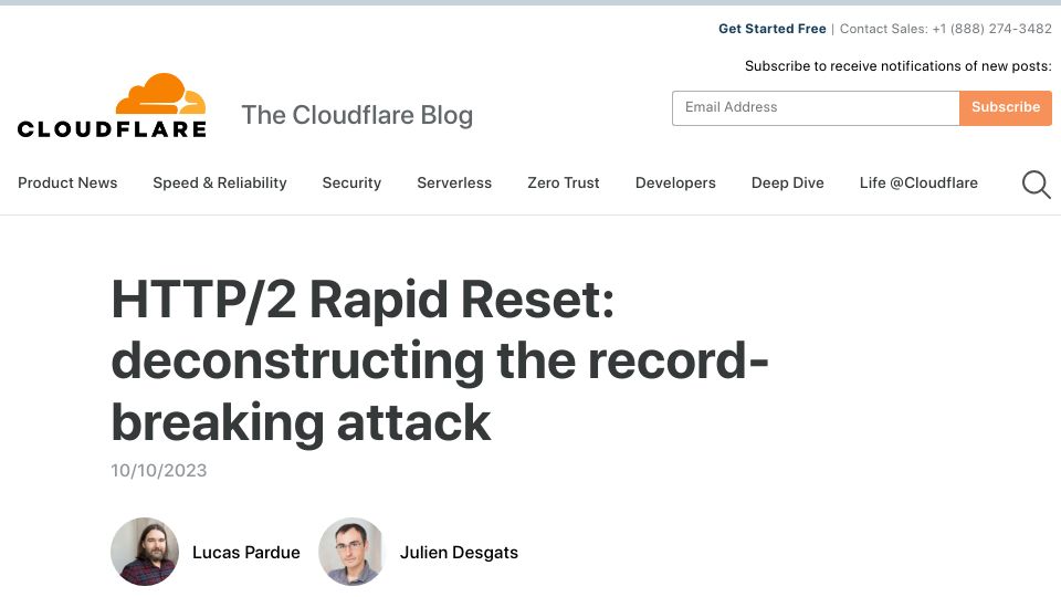 Screenshot of blog.cloudflare.com: HTTP/2 Rapid Reset: deconstructing the record-breaking attack