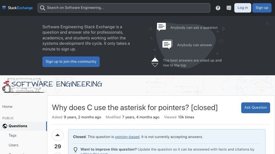 Screenshot of softwareengineering.stackexchange.com: C uses "&" for the address-operator because 'ampersand sounds like "address"'