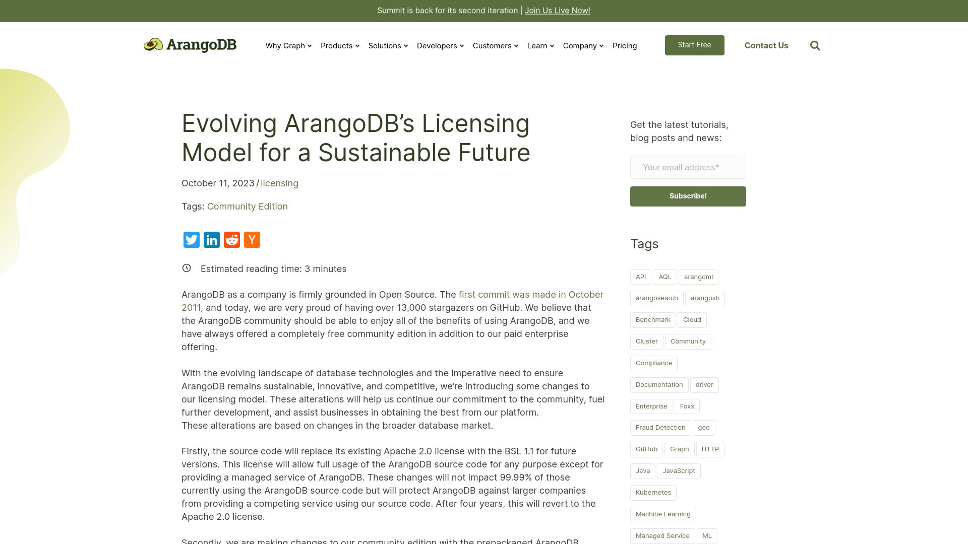 Screenshot of arangodb.com: Evolving ArangoDB's Licensing Model for a Sustainable Future