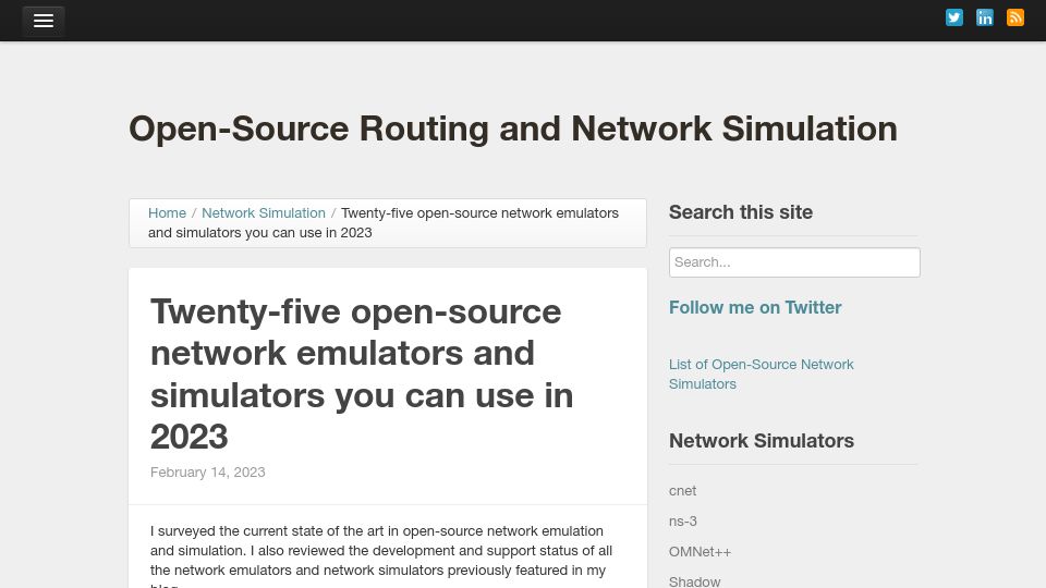 Screenshot of brianlinkletter.com: Open-source network emulators and simulators