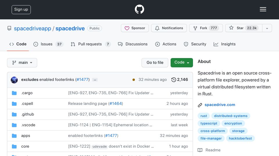 Screenshot of github.com: Spacedrive – an open source cross-platform file explorer