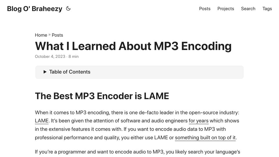 Screenshot of braheezy.github.io: What I learned about MP3 encoding