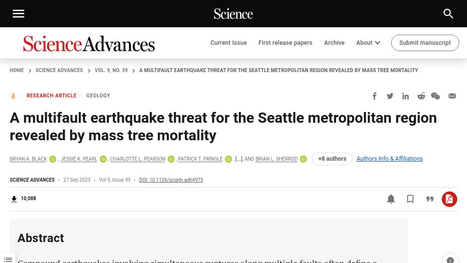 Screenshot of science.org: Multifault earthquake threat for Seattle region revealed by mass tree mortality