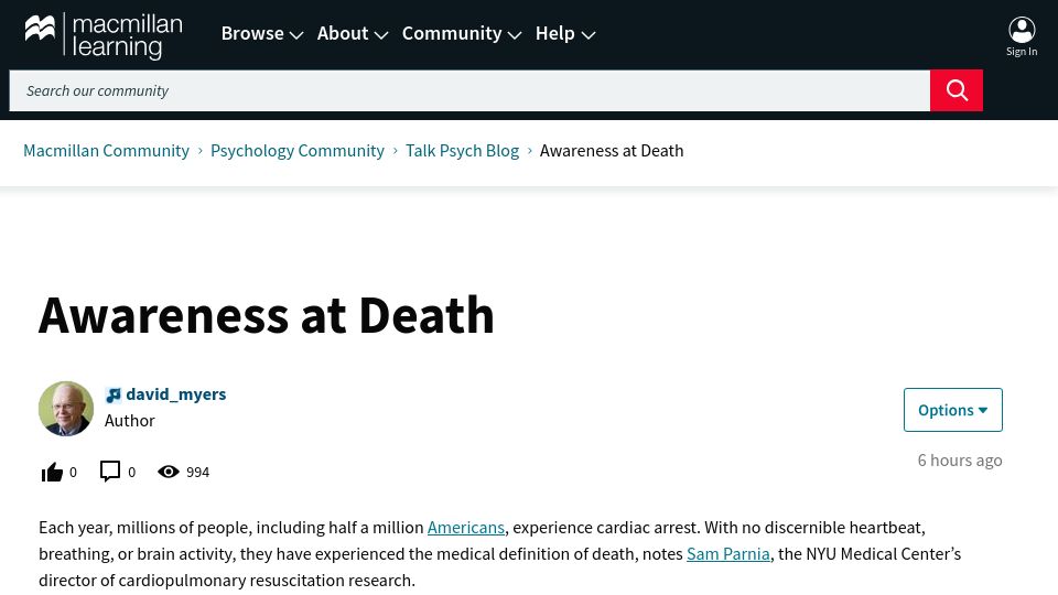 Screenshot of community.macmillanlearning.com: Awareness at Death