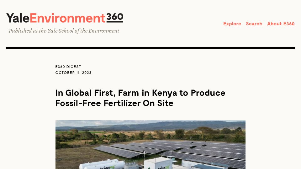 Screenshot of e360.yale.edu: Farm in Kenya to produce fossil-free fertilizer on site