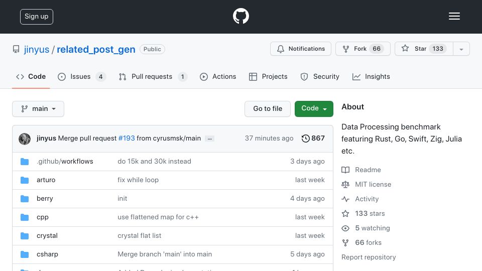 Screenshot of github.com: Data Processing benchmark featuring Rust, Go, Swift, Zig, Julia etc.