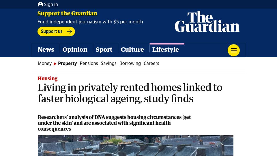 Screenshot of theguardian.com: Living in privately rented homes linked to faster biological ageing, study finds