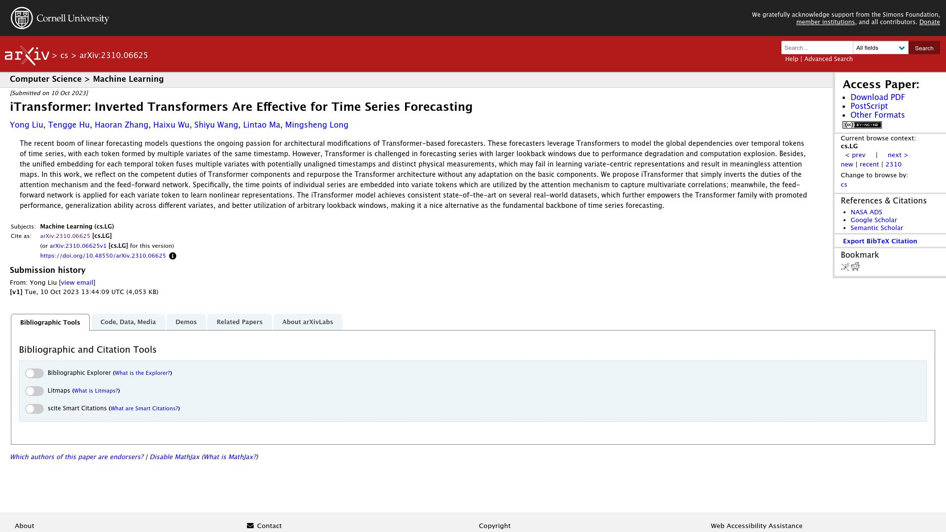 Screenshot of arxiv.org: Inverted Transformers Are Effective for Time Series Forecasting