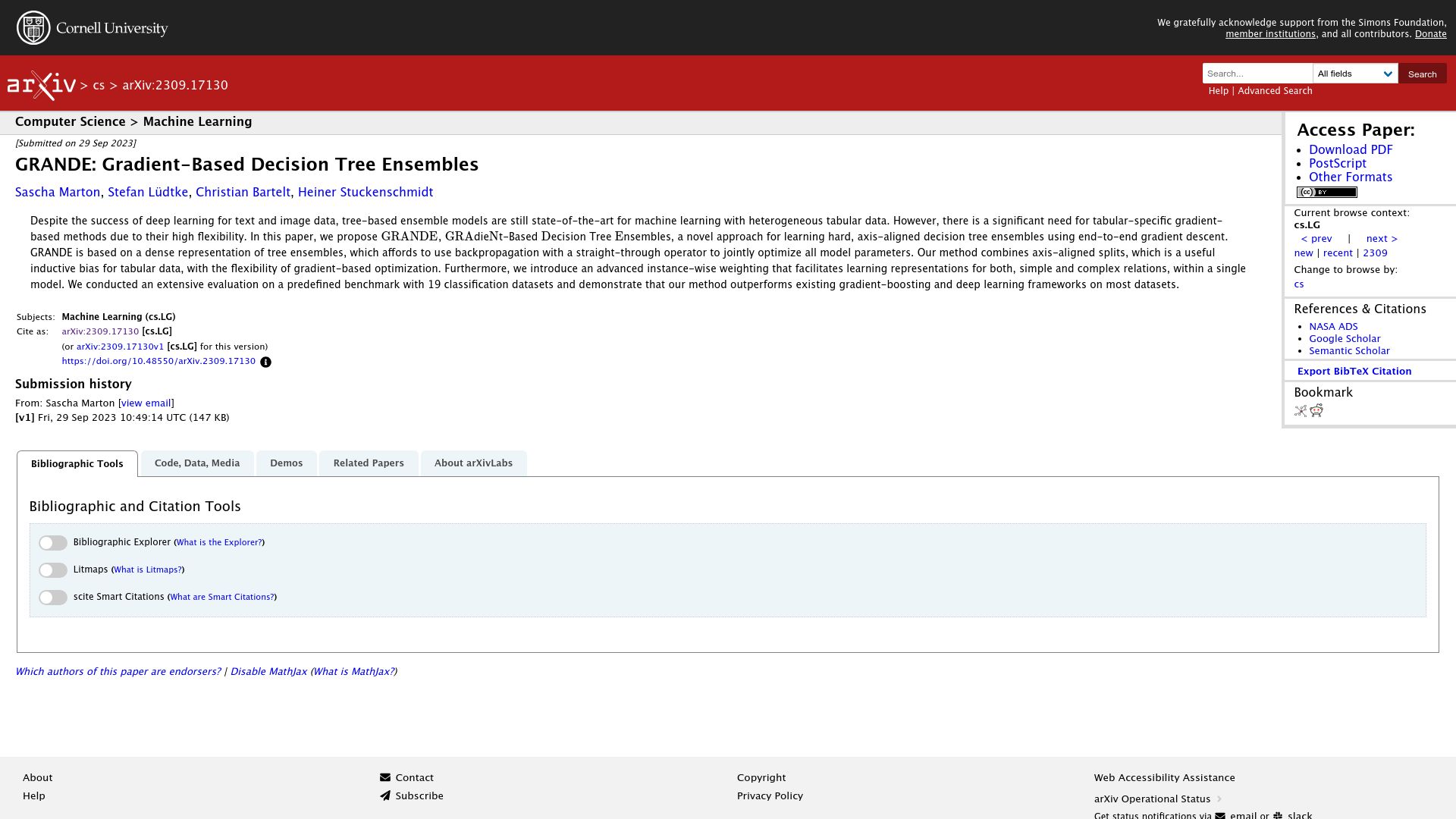 Screenshot of arxiv.org: Grande: Gradient-Based Decision Tree Ensembles