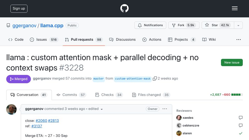 Screenshot of github.com: M2 Ultra can run 128 streams of Llama 2 7B in parallel