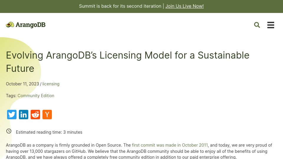 Screenshot of arangodb.com: Evolving ArangoDB's Licensing Model for a Sustainable Future