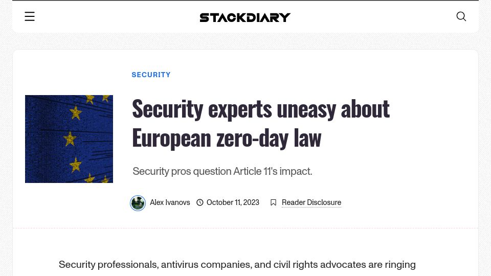 Screenshot of stackdiary.com: Security pros question EU zero-day rule