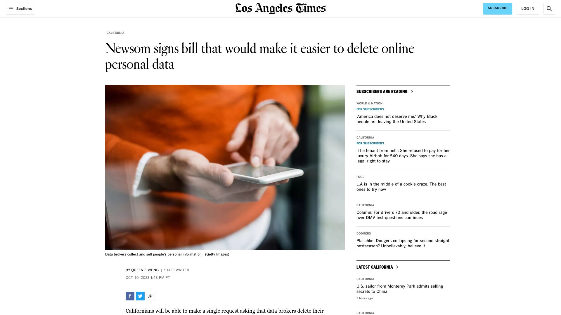 Screenshot of latimes.com: Newsom signs bill that would make it easier to delete online personal data
