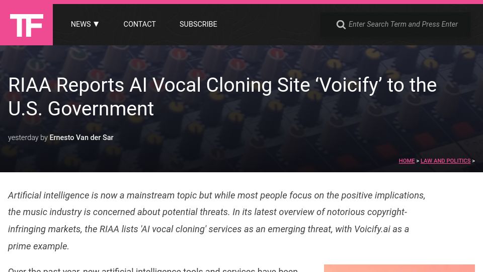 Screenshot of torrentfreak.com: RIAA Reports AI Vocal Cloning Site 'Voicify' to the U.S. Government