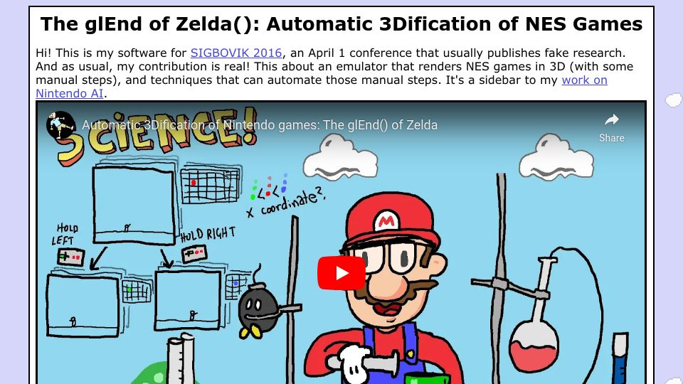 Screenshot of tom7.org: The glEnd() of Zelda: Automatic 3Dification of NES Games (2016)