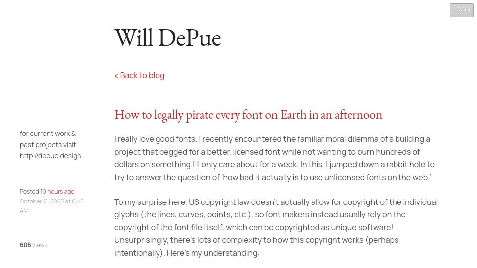 Screenshot of blog.willdepue.com: How to legally pirate every font