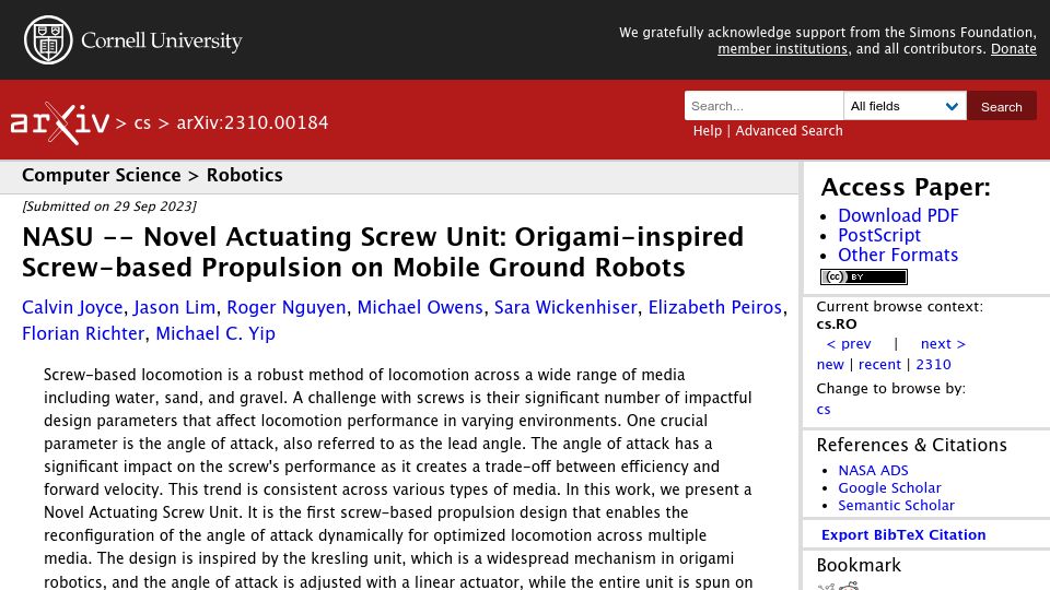 Screenshot of arxiv.org: Origami-Inspired Screw-Based Propulsion on Mobile Ground Robots