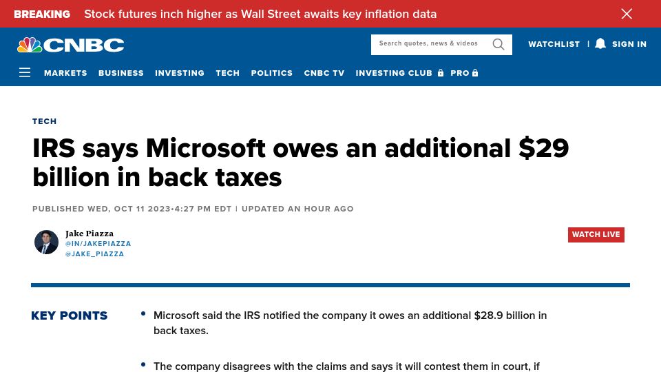 Screenshot of cnbc.com: IRS says Microsoft owes an additional $29B in back taxes