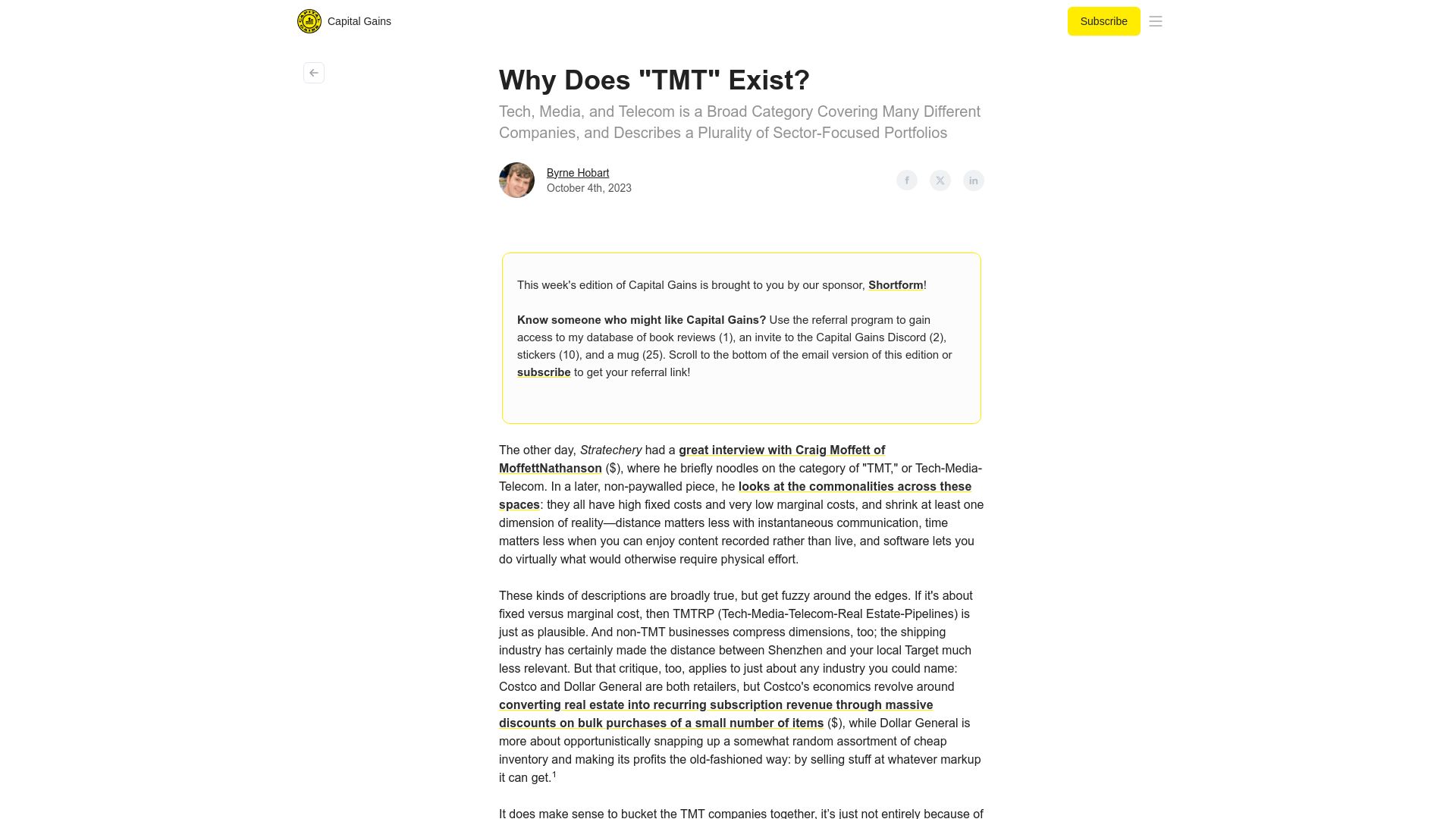Screenshot of capitalgains.thediff.co: Why is there a "Tech, Media, Telecom" sector?