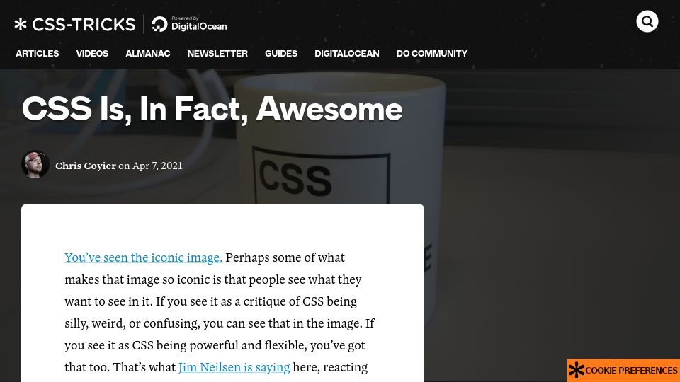 Screenshot of css-tricks.com: CSS is, in fact, awesome (2021)