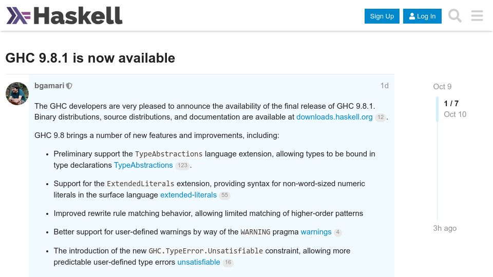 Screenshot of discourse.haskell.org: GHC 9.8.1
