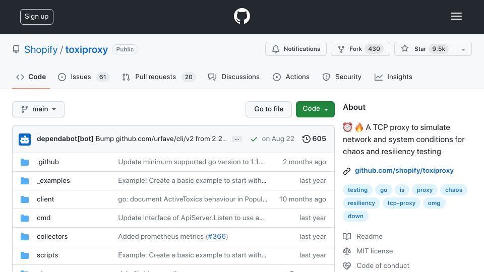 Screenshot of github.com: Toxiproxy – simulate network and system conditions for chaos testing
