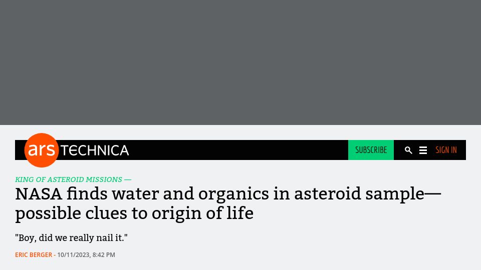 Screenshot of arstechnica.com: NASA finds water and organics in Bennu asteroid sample