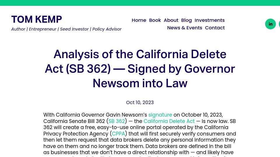 Screenshot of tomkemp.ai: Analysis of the California Delete Act