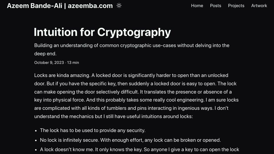 Screenshot of azeemba.com: Intuition for Cryptography