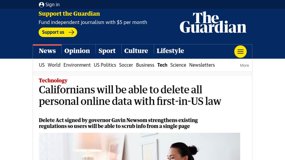 Screenshot of theguardian.com: Californians will be able to delete all personal online data in first-in-US law