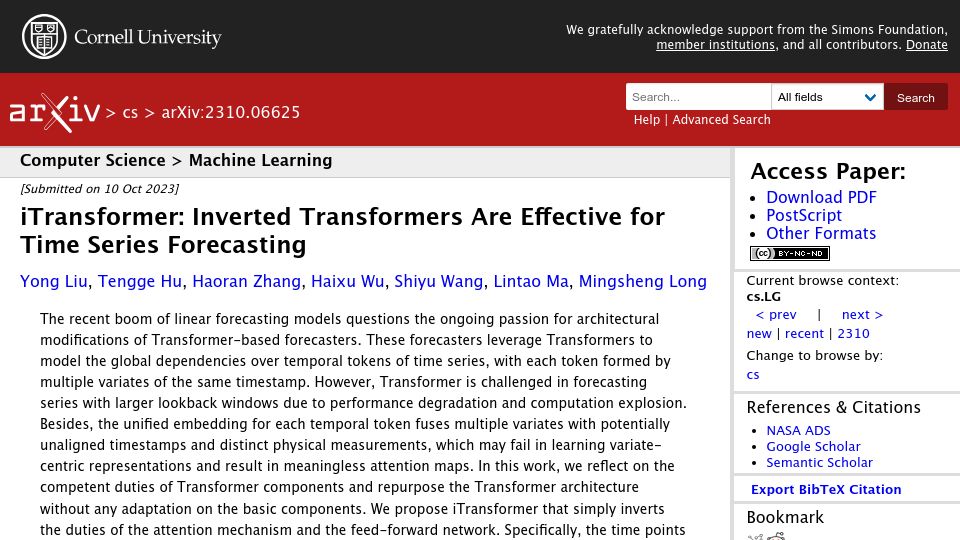 Screenshot of arxiv.org: Inverted Transformers Are Effective for Time Series Forecasting