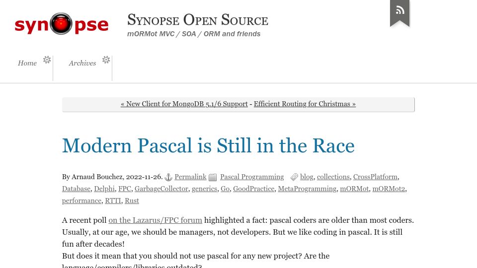 Screenshot of blog.synopse.info: Modern Pascal is still in the race (2022)