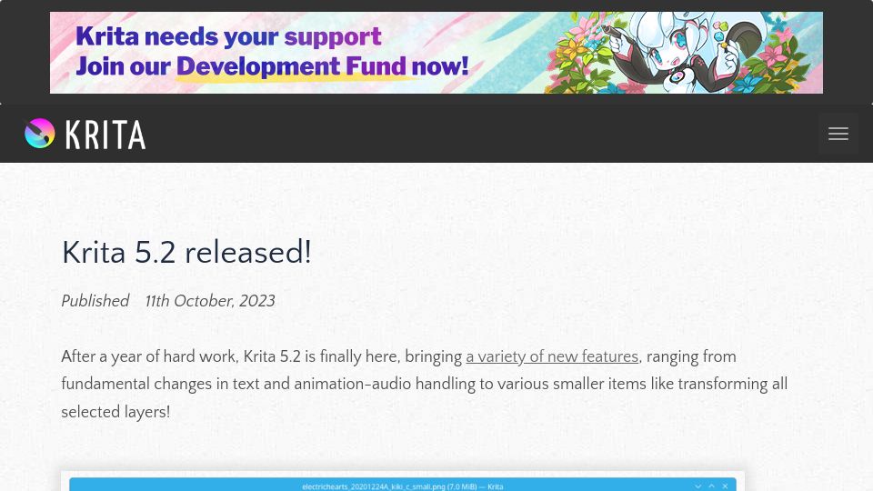 Screenshot of krita.org: Krita 5.2