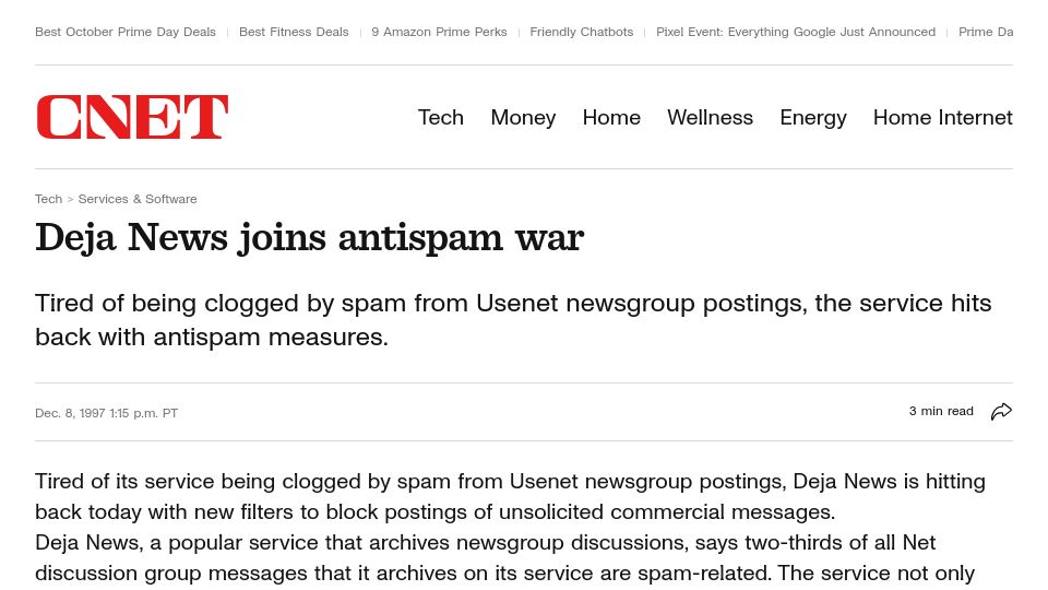 Screenshot of cnet.com: Deja News joins antispam war (1997)