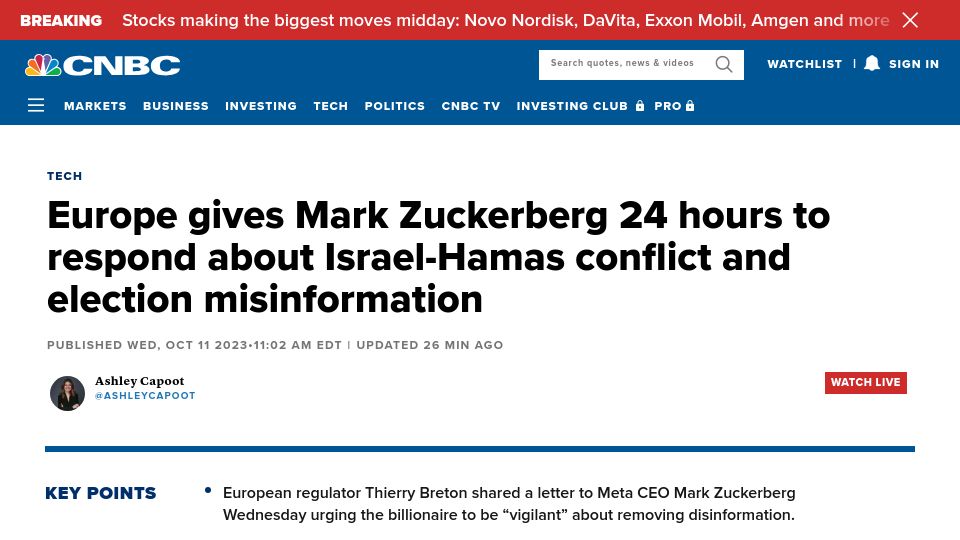 Screenshot of cnbc.com: Europe gives Mark Zuckerberg 24 hours to respond about Israel-Hamas conflict