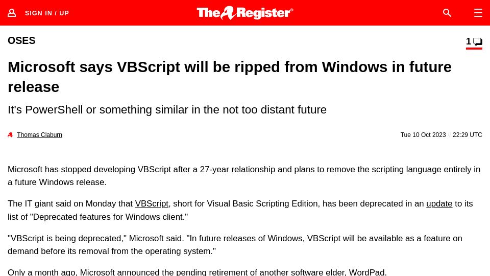 Screenshot of theregister.com: Microsoft says VBScript will be ripped from Windows in a future release