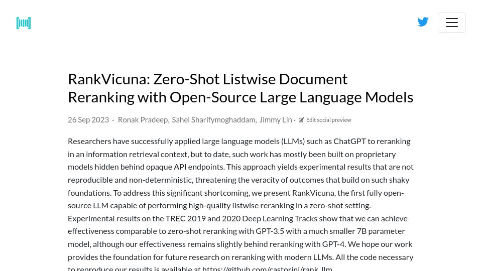 Screenshot of paperswithcode.com: RankVicuna: Open Source Zero-Shot Listwise Document Reranking