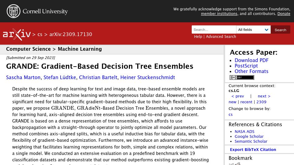 Screenshot of arxiv.org: Grande: Gradient-Based Decision Tree Ensembles