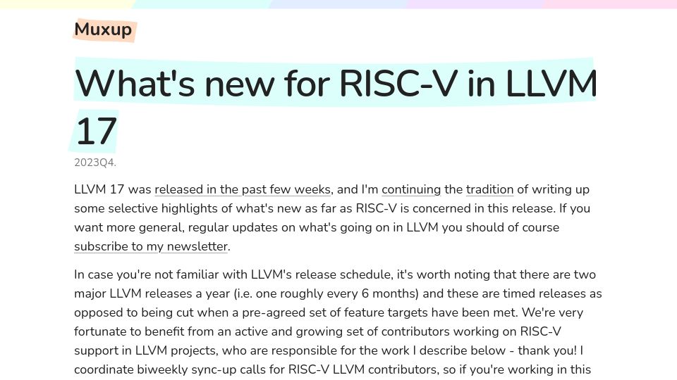 Screenshot of muxup.com: What's new for RISC-V in LLVM 17