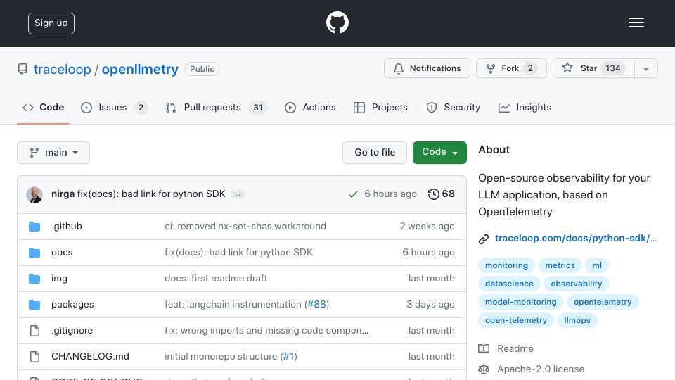 Screenshot of github.com: Show HN: OpenLLMetry – OpenTelemetry-based observability for LLMs