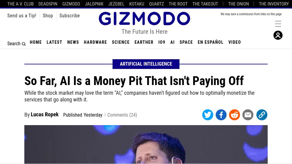 Screenshot of gizmodo.com: So Far, AI Is a Money Pit That Isn't Paying Off