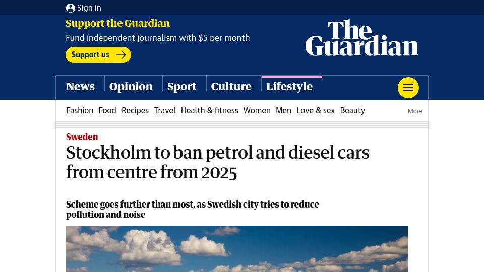 Screenshot of theguardian.com: Stockholm to ban petrol and diesel cars from centre from 2025