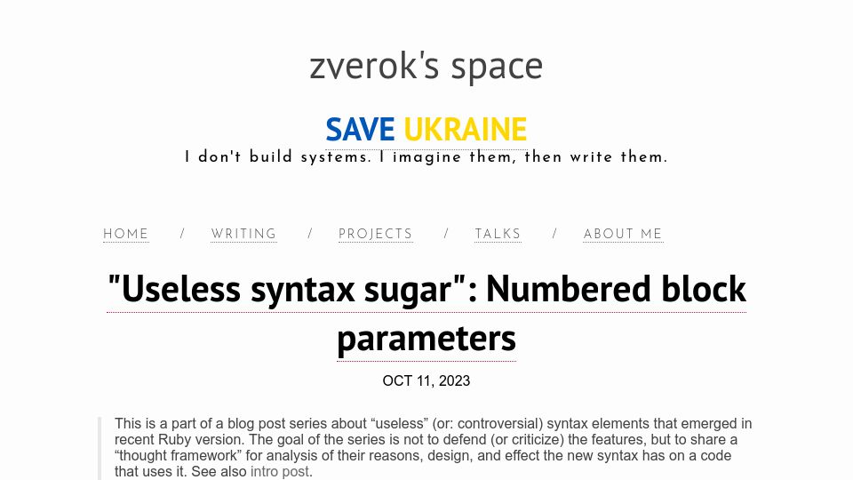 Screenshot of zverok.space: Numbered block parameters in Ruby