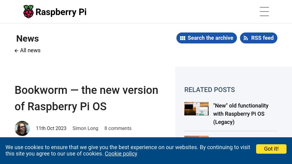 Screenshot of raspberrypi.com: Bookworm – the new version of Raspberry Pi OS
