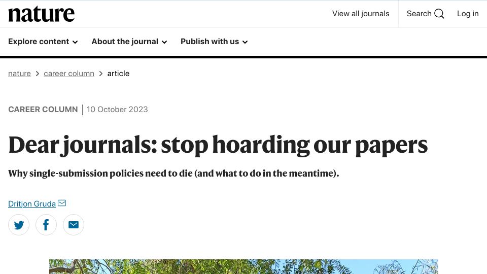 Screenshot of nature.com: It’s time to allow researchers to submit manuscripts to multiple journals