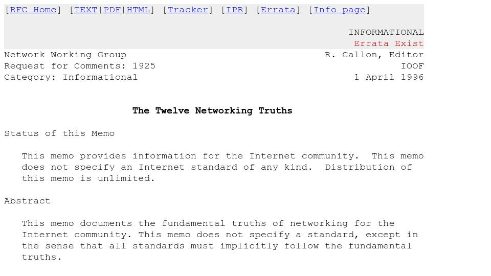 Screenshot of rfc-editor.org: RFC 1925: The Twelve Networking Truths (1996)
